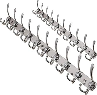 Dseap Coat Rack Wall Mount - 38” Long 10-Tri-Hooks Heavy Duty Coat Hanger Rail Wall Hooks for Hanging Coats Hats Clothing Clothes Purse Mudroom Entryway, Chromed, Pack of 2