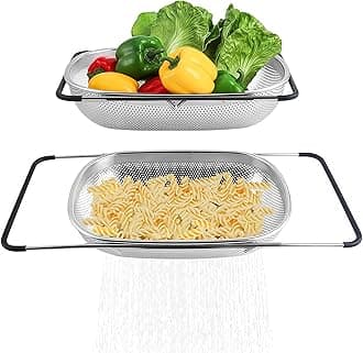 Over The Sink Strainer Stainless Steel Colander 5 Quart Basket with Expandable Rubber Grip Handles for Kitchen Sink - Strain, Drain, Rinse Fruits, Vegetables, Pasta, New Home Essentials