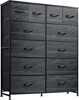 WLIVE Storage Organizer Unit with 12 Fabric Bins, Storage Drawers Organizer with Steel Frame, Tall Storage Tower Organizaton for Living Room, Hallway, Office, Charcoal Black Wood Grain Print