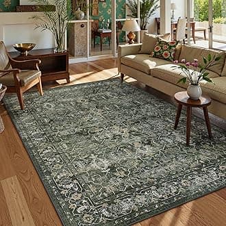Lahome Margot Washable Area Rugs 5x7 Green Rugs for Living Room,Boho Rug for Bedroom, Distressed Non Slip Low Pile Carpet for Indoor Home Office Dining Room (5'x7', Green)