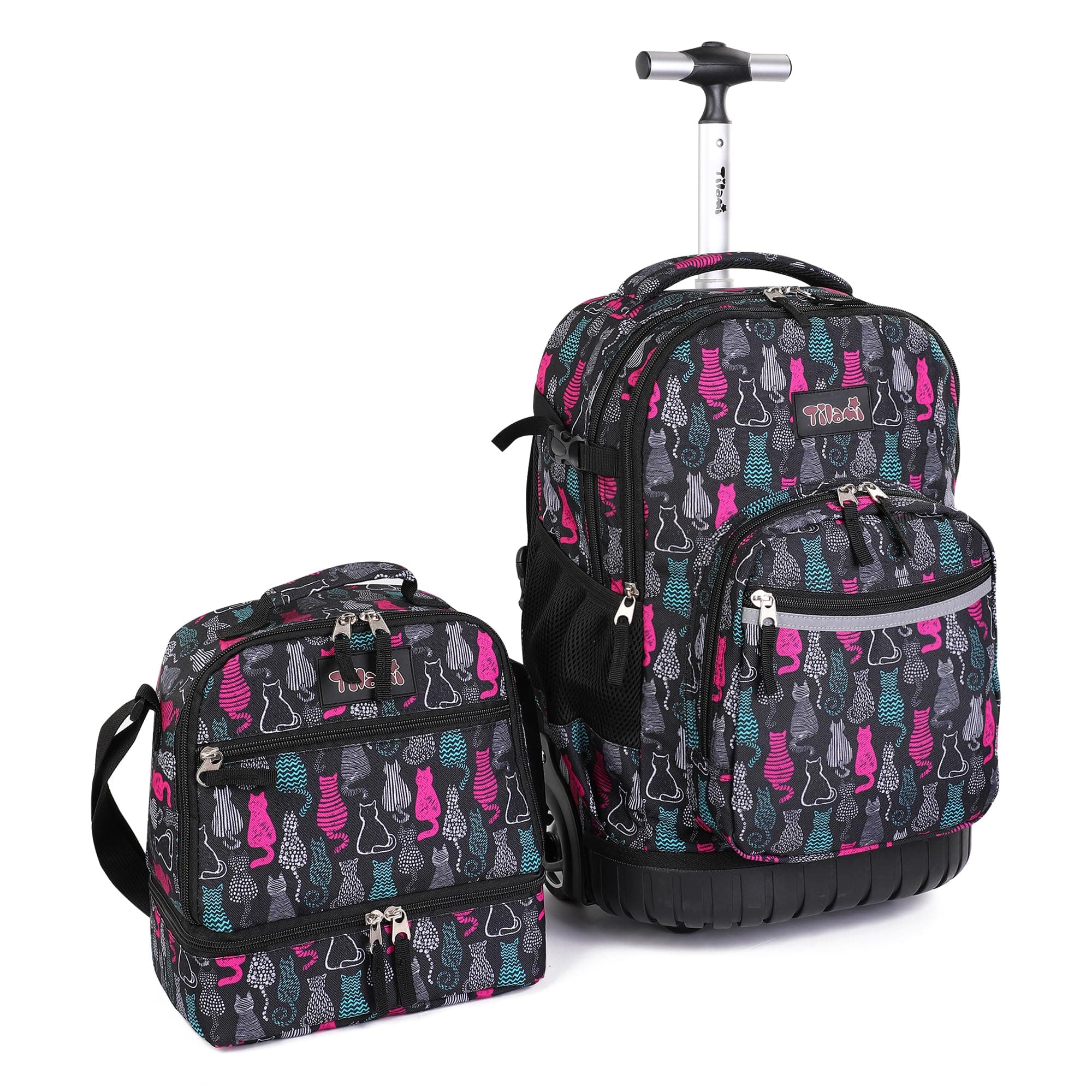 Rolling Backpack 19 inch with Lunchbox Wheeled Laptop Backpack, Cat Black