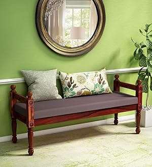 TG Furniture Solid Sheesham Wood Bench for Living Room | Wooden 3 Seater Sofa Bench with Cushioned Seat & Back Pillows | Multipurpose Benches for Hall, Entryway, Balcony, Bedroom & Lounge | Natural