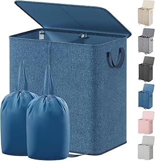 Lifewit Double Laundry Hamper with Lid and Removable Laundry Bags, Large Collapsible 2 Dividers Dirty Clothes Basket with Handles for Bedroom Laundry Room Closet Bathroom College, 136L Blue