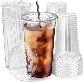 Fit Meal Prep 100 Pack 32 oz Plastic Iced Coffee Cups with Flat Lids and Black Straws, Disposable Clear Cup, BPA Free Cup for Party, Smoothie, Cold Drinks, Juice, Milkshake, Bubble Boba, Tea