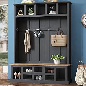 Farmhouse Wood Hall Tree with Bench and Shoe Storage, 5-in-1 Coat Rack with 6 Hooks for Entrance, Hallway Black