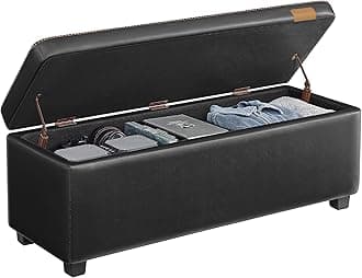 VASAGLE EKHO Collection - Storage Ottoman Bench, Entryway Bedroom Bench, 25 Gallons, Synthetic Leather with Stitching, Mid-Century Modern, Safety Hinges, Loads 660 lb, Ink Black ULOM075B01