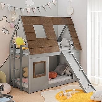 Polibi Wood Twin Size House Bunk Bed with Window,Brown Roof Shape Design,Ladder and Slide, Bunkbed Frame for Boys & Girls,Brown+Gray