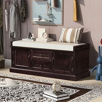 Merax Classic Wood Entryway Bench with Drawers and Seat Cushion for Hallway Front Door Espresso