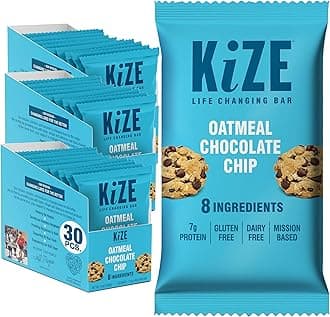 KiZE Energy Bars - Oatmeal Chocolate Chip - 30-Count - Gluten Free, Dairy Free, Non-GMO, and High Protein Meal Replacement Energy Bars, Clean and Simple Food Ingredients - 7g High Protein Snacks (30 Count)