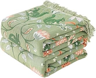 Boho Throw Blanket for Bed 100% Cotton Soft Lightweight Quilt Room Decor Green Spring Bed Blankets,Floral Garden Embroidery Reversible All Season Twin Blankets for Sofa Couch Chair 60"x80"