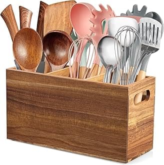 ALELION Acacia Wood Utensil Holder with Removable Divider - 3 Compartment Wooden Utensil Caddy Organizer for Kitchen Counter - Large Cooking Utensil Crock for Countertop