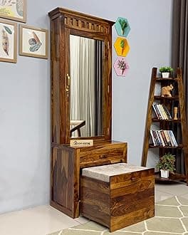 Wood Vestal Woodvestal Sheesham Wood Dressing Table with Stool | Wooden Dressing Table | Sheesham Wood | Bedroom Furniture, Natural(Brown)