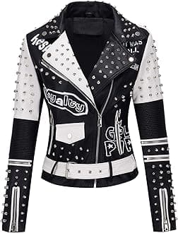 RISISSIDA Women Faux Leather Jacket Studded Rivet Spring Fall Fashion, Hip-Length Moto Biker Trendy Clothes Streetwear Belted