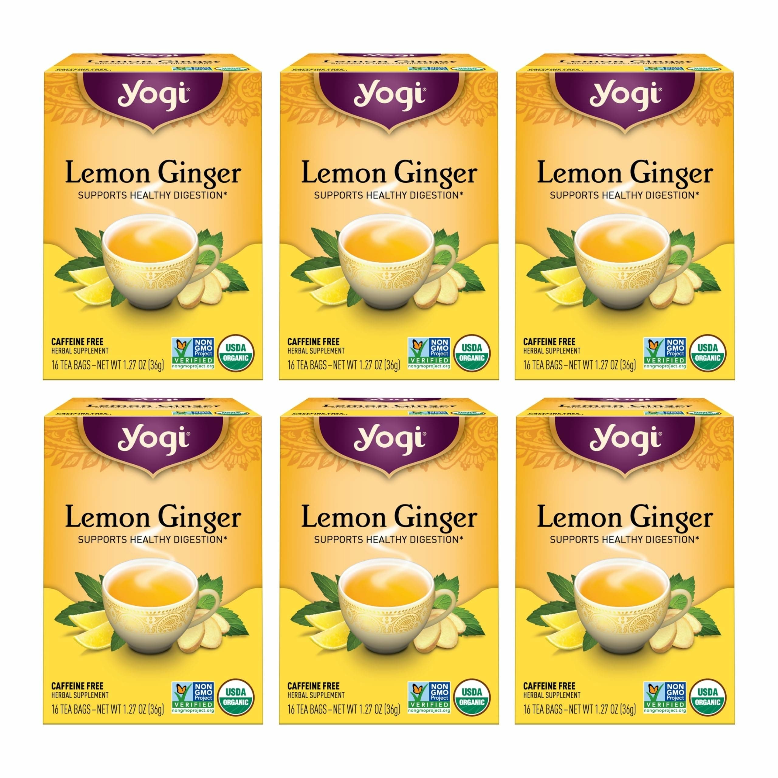 Tea Lemon Ginger Tea - 16 Bags per Pack (6 Packs) - Organic Ginger Root Tea to Support Healthy Digestion - Includes Lemongrass, Lemon Flavor, Licorice Root, Lemon Peel & More