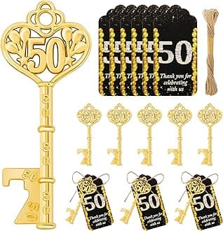 50Pcs 50th Gold Key Bottle Opener 50th Birthday Party Favors, 50th Anniversary Souvenirs Return Gifts 50th Key Beer Bottle Opener With Thank You Cards For Party Birthday Wedding Shower (50)