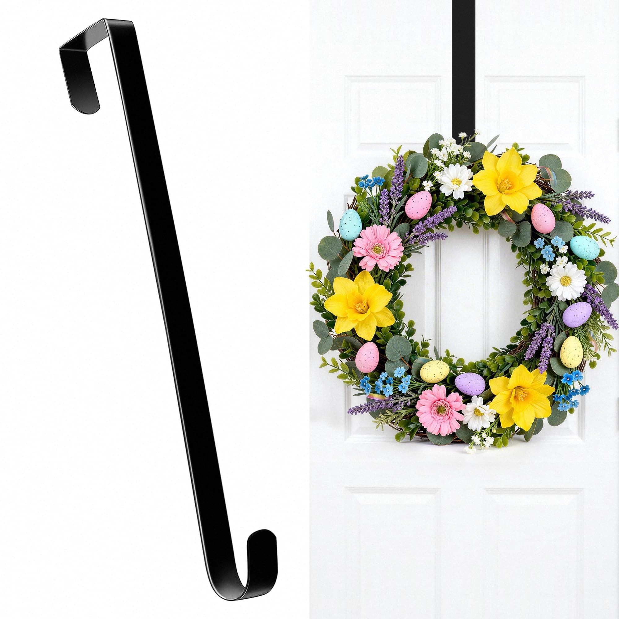 HOOSUN Wreath Hangers for Front Door Easter Decorations,12" Easter Wreath Hook Holder,Over The Door Hooks Hanger,Metal Garland Hangers Hook for Patriotic Spring Wreath Porch Decor