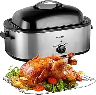 20 Quart Electric Roaster Oven, Turkey Roaster Oven Buffet with Self-Basting Lid, Removable Pan, Cool-Touch Handles, Stainless Steel, Silver