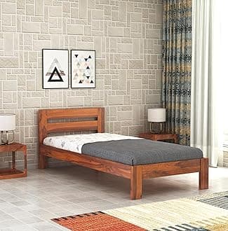 Wooden Single Bed Without Storage | Single Cot Wooden Palang | Space Saving Single Size Bed for Bedroom | Solid Sheesham Wood | Honey Finish