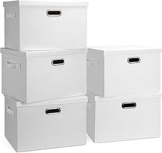 Large 17" 36 Quart Collapsible Stackable Storage Bins with Lids, 5 Packs White Linen Fabric Closet Boxes with Lids, Storage Cube Baskets Container Organizers for Bedroom Office(17 x12 x11)