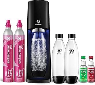 E-TERRA Soda Maker | VALUE BUNDLE | 3 Automatic Carbonation Levels | Includes 2x CO2 Cylinders, 3x 32 Fl Oz Dishwasher Safe Bottles, 2x Bubly Fruit Flavor Drops, 1x Power Adapter | Black