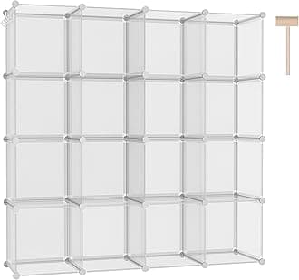 Cube Storage Organizer, 16-Cube Shelves Units, Closet Cabinet, DIY Plastic Modular Book Shelf, Ideal for Bedroom, Living Room, 48.4" L x 12.4" W x 48.4" H Transparent Twill UPCS16T