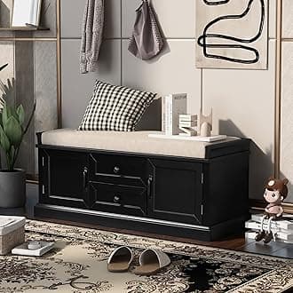 Merax Rustic Wood Shoe Storage Bench with 2 Drawers and 2 Cabinets for Entryway Hallway Front Door Black