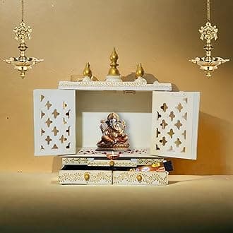 15'' White Wooden Hindu Temple for Home Handpainted Mandir with Door Wall Mount Pooja Ghar