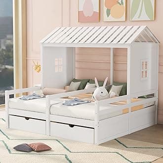 SOFTSEA House Bed Frame with Two Drawers, Double Beds in One Twin and Twin Platform Bed Frames Set for 2 Kids (White)