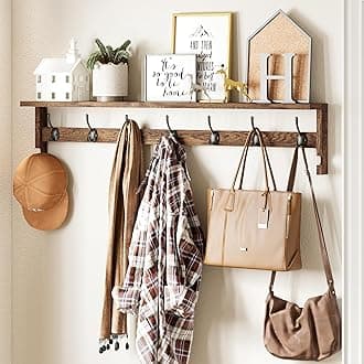 Coat Rack Wall Mount, 35 Inch Extra Long Wall Hooks with Hanging, Wooden Shelf with 7 Metal Hooks 2 Side Hooks, Wall Key Holder with Shelf in Entryway, Kitchen, Bathroom, Living Room, Bedroom