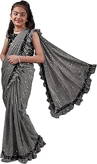 Kids Girls Lycra Blend Saree With Unstitched Sequence Blouse Piece (3-4 yrs to 11-12 yrs) (Grey, 3-4 Years - S)