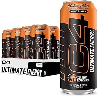 Ultimate Sugar Free Energy Drink 16oz (Pack of 12) | Orange Cream | Pre Workout Performance Drink with No Artificial Colors or Dyes