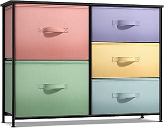 Sorbus Dresser with 5 Drawers - Furniture Storage Tower Unit for Bedroom, Hallway, Closet, Office Organization - Steel Frame, Wood Top, Easy Pull Fabric Bins (5-Drawer Dresser Chest, Pastel/Black)