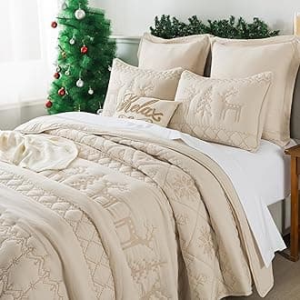 WDCOZY Christmas Queen Size Quilt Bedding Sets with Pillow Shams, Beige Lightweight Soft Bedspread Coverlet, Thin Comforter Bed Cover, All Season, 3 Pieces, 90x90 inches