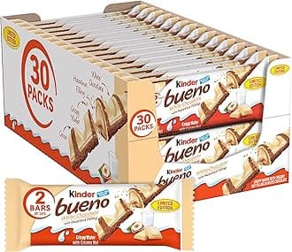 Kinder Bueno White Chocolate Bars with Hazelnut Filling, 30 Packs of 2, Bulk Chocolate Candy Bars for Game Day, Football Party Supplies, Snacks for Adults, 1.4 oz Per Pack