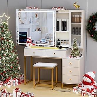 Vanity Set with Lighted Mirror and Charging Station, Extra Large Mirror Makeup Vanity Table with Cushioned Stool,5 Drawers, Modern Vanity Table with Nightstand, White-Glass Desktop