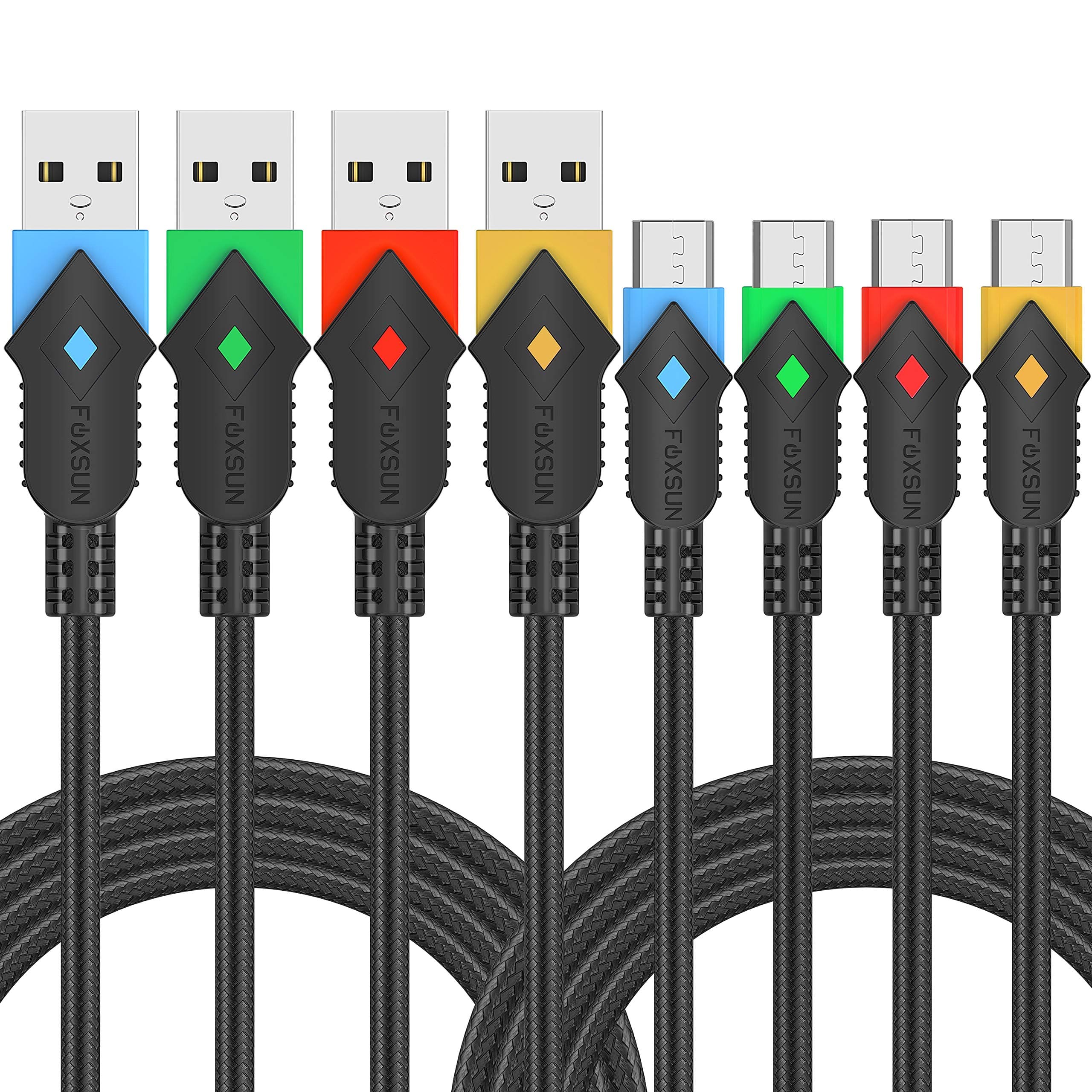 Micro USB Cable Foxsun Android Charger Cable - [4Pack 6.6ft/2m] 2.4A Fast Nylon Braided Micro USB Charging Cable Compatible with Galaxy S7/S6/S4/S3, Sony, HTC, Nexus, LG, Xbox, PS4 and More