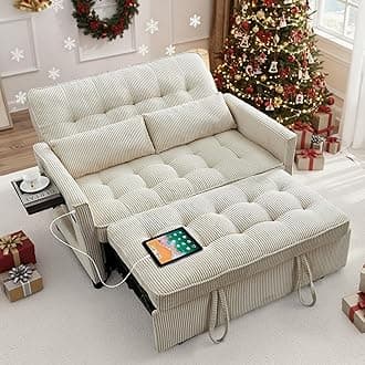 Sleeper Sofa Bed, 52‘’ Convertible Pull Out Couch with Small Table| USB Port | Side Pockets | Corduroy Fabric | Adjustable Backrest for Apartment, Office, Bedroom, Guest Room (Beige)