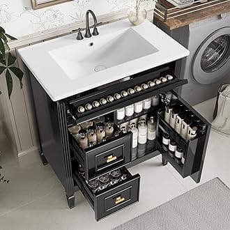 Harper & Bright Designs 30" Bathroom Vanity with Sink, Free Standing Vanity Set with Tip-Out Drawer, 2 Drawers, and Adjustable Shelf, Wood Bathroom Cabinet with Ceramic Basin for Bathroom, Black