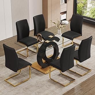 7 Piece Dining Table Set,Glass Dining Table Set for 6,Modern Dining Table and Faux Leather Padded Seats for Kitchens, Living Rooms, Office