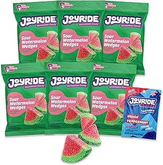 JOYRIDE Sour Watermelon Wedges - 3.5 oz 6-Pack Bundle with 2.5oz Glacial Peppermint Gum, Low Sugar and Calories, Healthy Sour Candy, Watermelon Gummies (7 Items)
