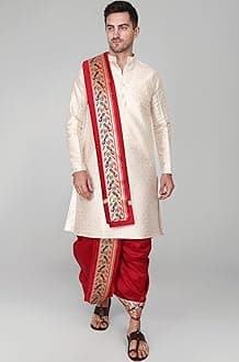 Rameshwaram Fabrics Men’s Sherwani Style Dhoti Kurta Set with Angavastram | Traditional Indian Groom Dress | Ethnic Kurta Set for Wedding, Engagement, Festival