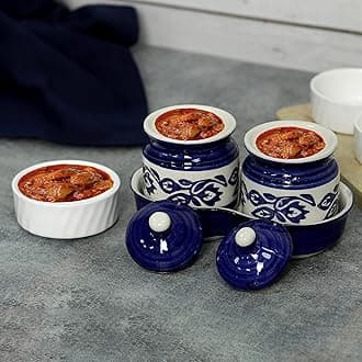 Kraftlik Handicrafts Ceramic Jars with Lid and Holding Tray | Multipurpose Barni for Chutney, Pickle, Spice, Jam, Tea, Sugar, Coffe & Ketchup | Storage Container (Set of2)