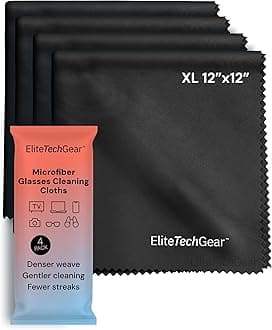 Elite Screens Oversized Microfiber Eye Glass Clean Cloths - 12" x 12", 4-Pack, Black - Streak-Free Lens Wipes - Portable Eye Glasses Cleaner Wipes