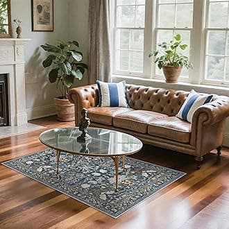 Washable 3x5 Entryway Area Rugs: Ultra Soft Low Pile Carpet for Kitchen Nursery Indoor Light-Weight Doormat Anti-Slip Thin Entry Rug for Living Room Bedroom Small Vintage Floor Mat(3x5,Floral/Blue)