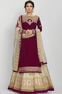 TRENDMALLS Women's Georgette Net Embroidery Salwar Suit Set Kurta Lehenga with Dupatta Maroon