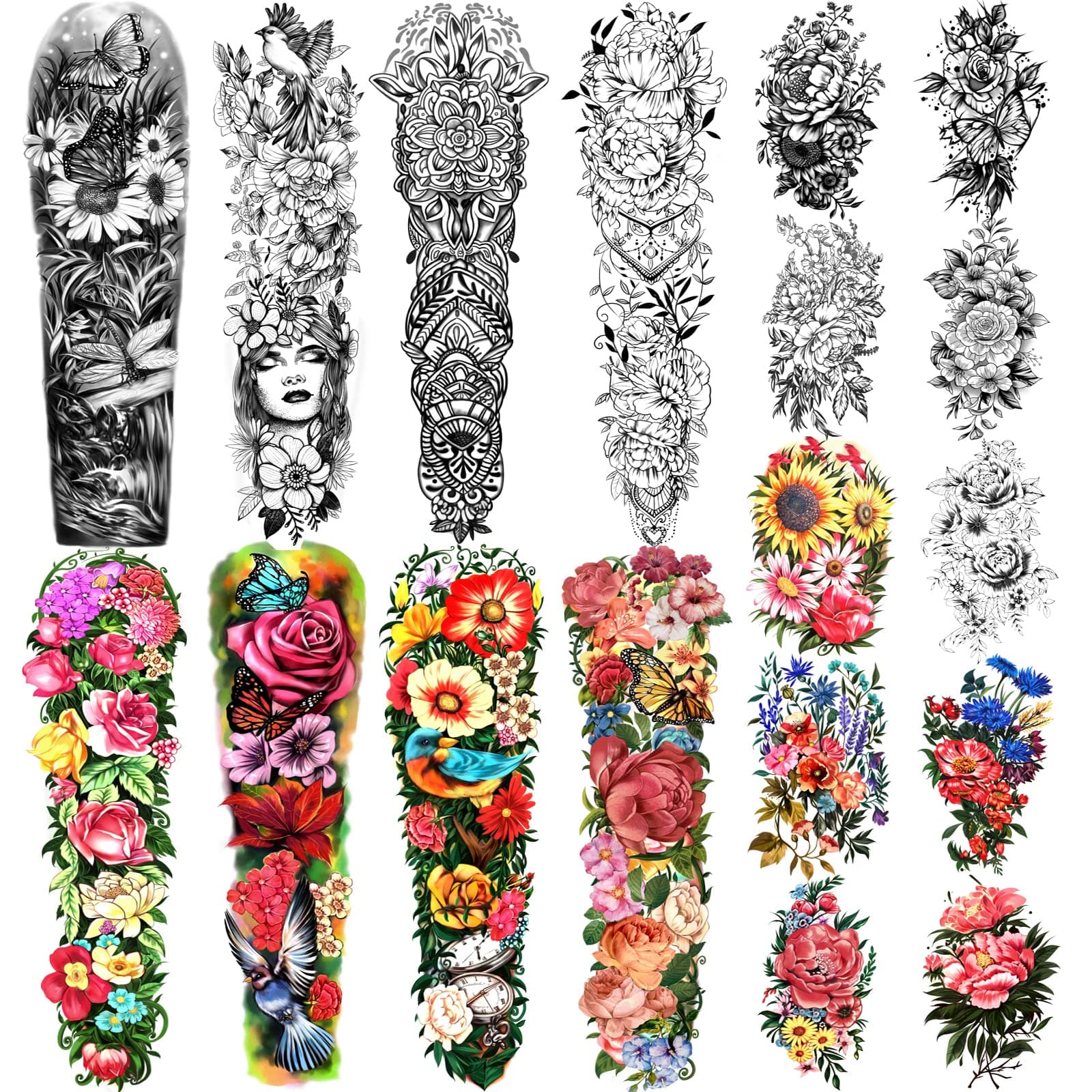 Temporary Tattoo Full Arm 8 Sheets and Half Arm Shoulder Waterproof Fake Tattoos 10 Sheets, Extra Large LastingTattoo Stickers for Girls or Women