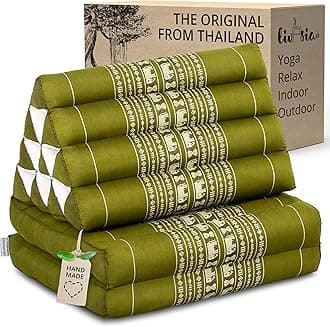 livasia Thai cushion with 2 seat rests - 47x20x3.1″ - Triangle cushion with seat cushion, Wedge cushion, kapok, Back support cushion, folding, Thai mat, folding, Hand made (Green/Elephants)