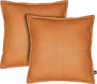 TOMJACK Lambskin Leather Pillow Cover - Decorative Sofa Cushion Case - Throw Covers for Living Room & Bedroom, 16" x 16" - Mustard Flavia Box Pack of 2
