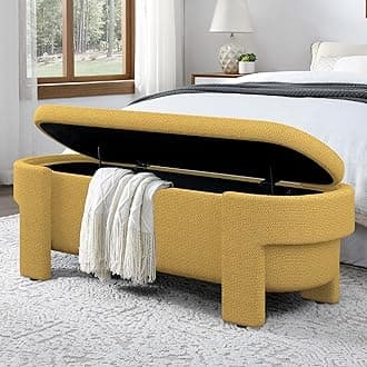 Polibi Linen Fabric Upholstered Bench with Large Storage Space and Safety Hinged Lid,End of Bed Storage Ottoman for The Living Room, Entryway and Bedroom,Yellow(51.5''x20.5''x17'')