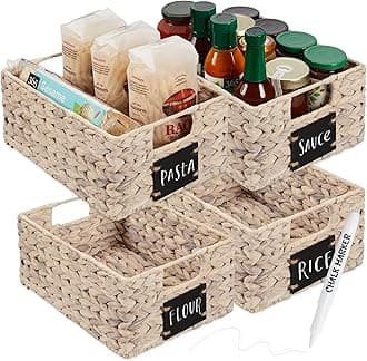 Best Choice Products Set of 4 9x12in Water Hyacinth Pantry Baskets, Woven Kitchen Organizers w/Chalkboard Label, Chalk Marker - White
